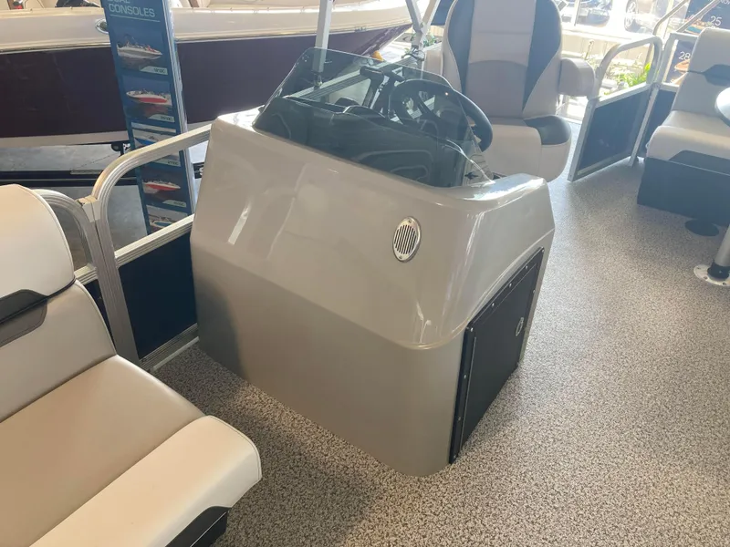 Slide: The Image of Montego Bay 8518 Cruise pontoon boat in showroom, 2025 model. - 8