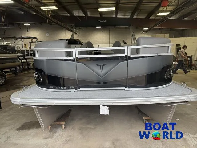 Slide: The Image of 2025 Tahoe Sport 2185 Rear Fish pontoon boat in a showroom. - 31