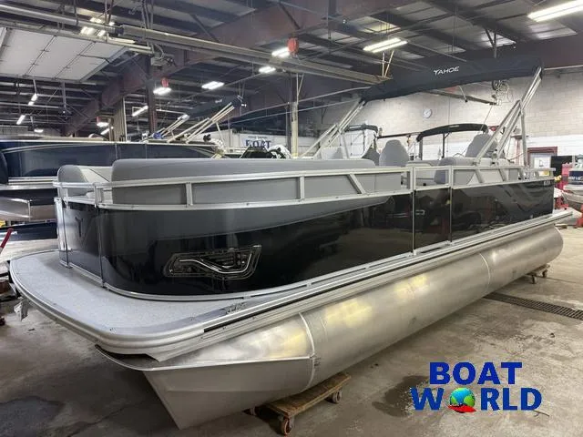 Slide: The Image of 2025 Tahoe Sport 2185 Rear Fish pontoon boat in showroom, featuring Honda 4-Stroke EFI engine. - 34