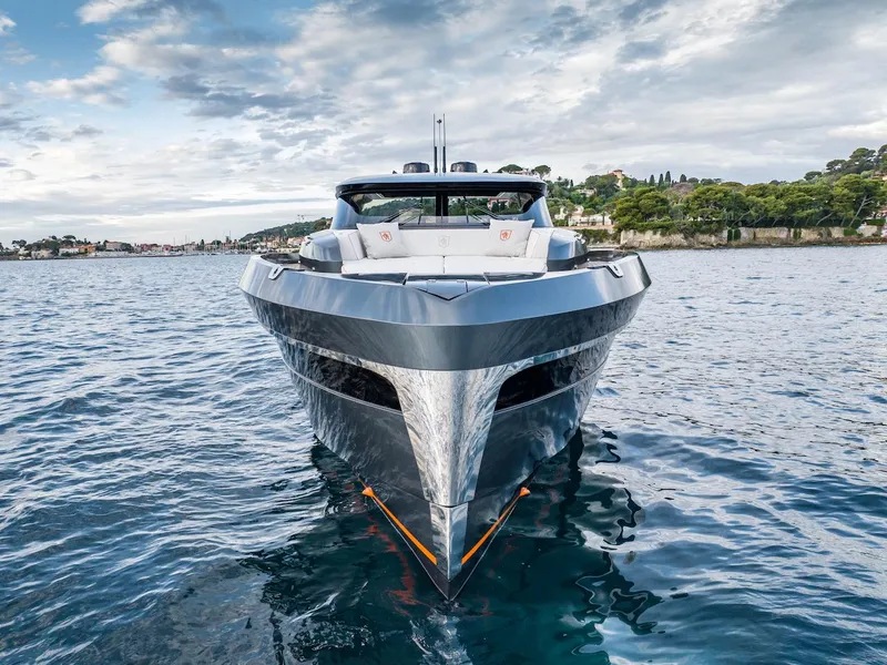 Slide: The Image of 2023 Bekkers Yachts Azur 45HT on serene water, showcasing sleek design and luxury. - 12