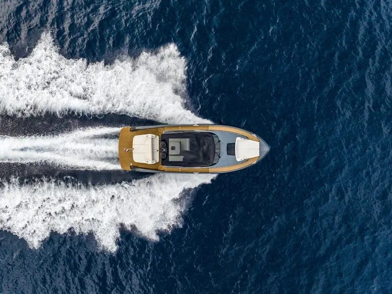 Slide: The Image of 2023 Bekkers Yachts Azur 45HT cruising on open water, aerial view. - 20