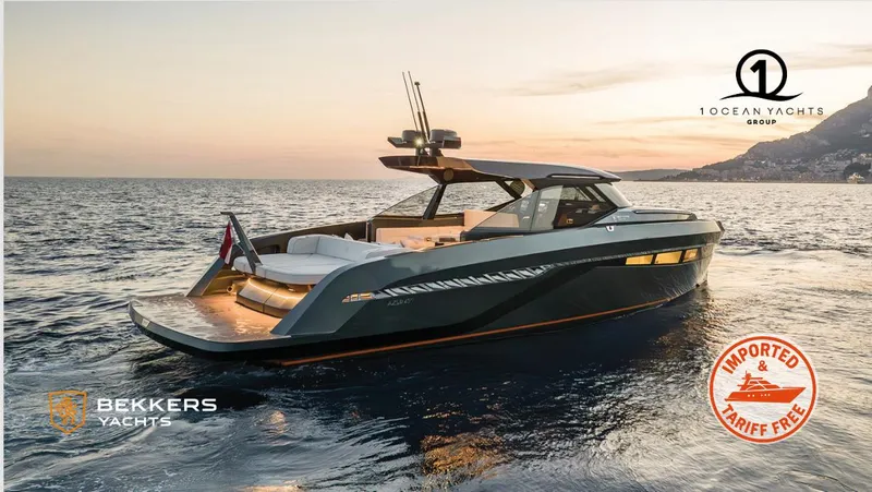 Slide: The Image of 2023 Bekkers Yachts Azur 45HT cruising at sunset, featuring sleek design and luxury amenities. - 21