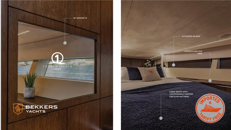 Slide: The Image of Bekkers Yachts Azur 45HT 2023 interior with TV, automatic blinds, and luxurious bedding. - 25