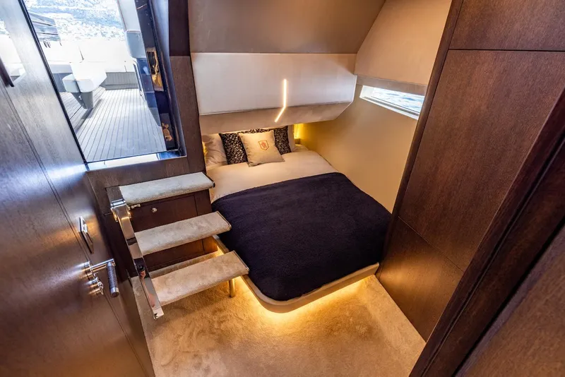 Slide: The Image of Luxurious cabin interior of 2023 Bekkers Yachts Azur 45HT with elegant bedding and ambient lighting. - 31