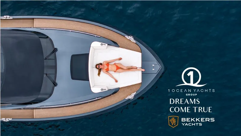 Slide: The Image of Aerial view of 2023 Bekkers Yachts Azur 45HT with person sunbathing on deck. - 5