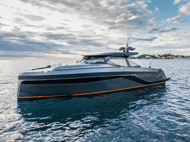 Slide: The Image of 2023 Bekkers Yachts Azur 45HT luxury yacht on calm sea under cloudy sky. - 7