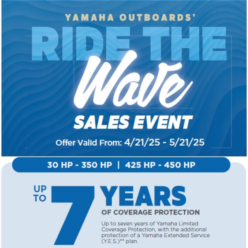 Slide: The Image of Yamaha Outboards' sales event offering up to 7 years coverage, April 21 - May 21, 2025. - 19