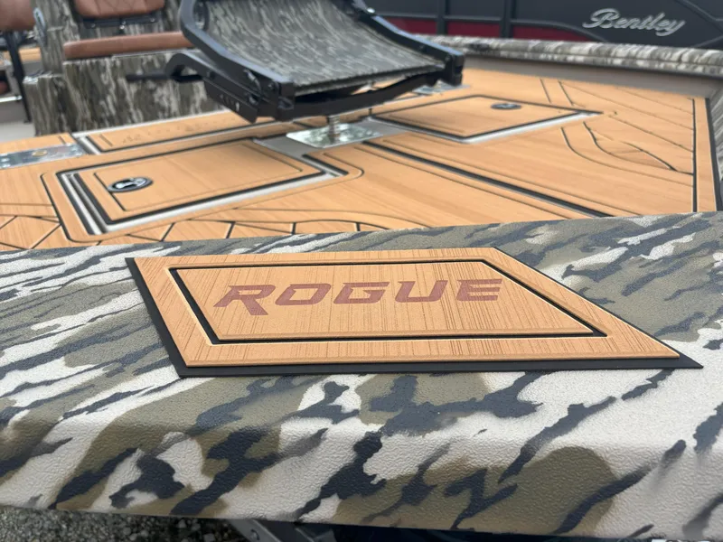Slide: The Image of 2025 Avid 20CC Rogue boat interior with camo design and "Rogue" branding. - 9