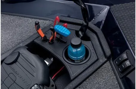 Slide: The Image of 2022 Ranger RT178 boat console with controls and cup holder. - 23
