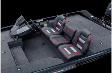 Slide: The Image of 2022 Ranger RT178 boat interior with three gray and red seats, steering console, and spacious deck. - 26