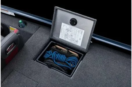 Slide: The Image of 2022 Ranger RT178 storage compartment with blue rope and documents. - 28