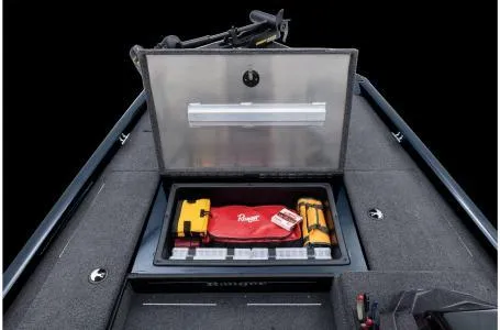 Slide: The Image of 2022 Ranger RT178 boat storage compartment with safety gear and organized equipment. - 37