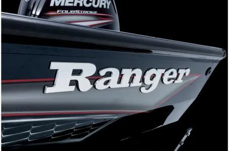 Slide: The Image of 2022 Ranger RT178 boat with Mercury engine, close-up of branding and design. - 39