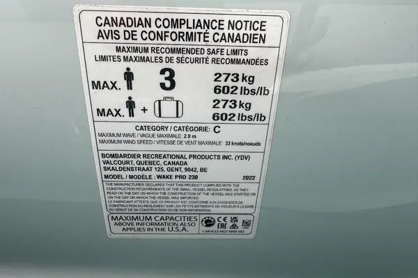 Slide: The Image of 2022 Sea-Doo Wake Pro 230 compliance notice detailing maximum capacity and safety limits. - 18