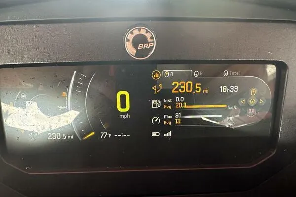 Slide: The Image of Dashboard of a 2022 Sea-Doo Wake Pro 230 showing 230.5 miles and 77°F temperature. - 6