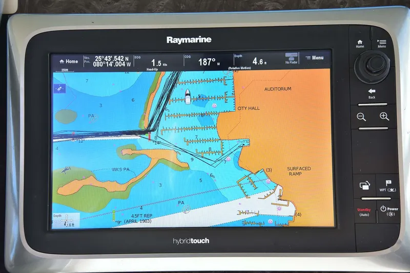 Slide: The Image of Raymarine navigation display on 2013 Sea Ray 410 Sundancer, showing detailed marine chart. - 40