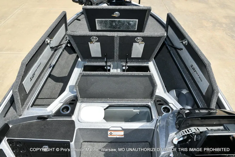 Slide: The Image of 2020 Nitro Z21 Pro boat interior with open storage compartments and sleek design. - 8