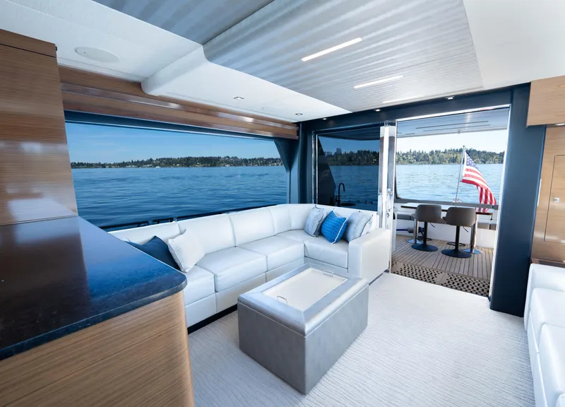 Slide: The Image of Luxurious interior of 2018 Ocean Alexander 70E Motoryacht with scenic ocean view. - 20