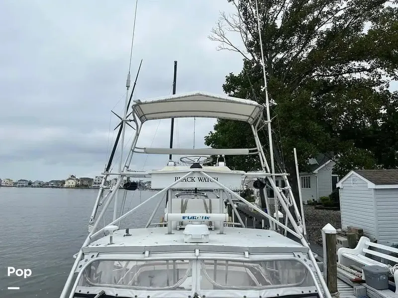 Slide: The Image of 1988 Black Watch 30 Sportfish Convertible docked by a lakeside, overcast sky. - 3