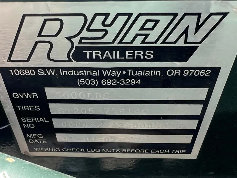 Slide: The Image of Ryan Trailers label with contact info and specifications, including GVWR and tire details. - 20