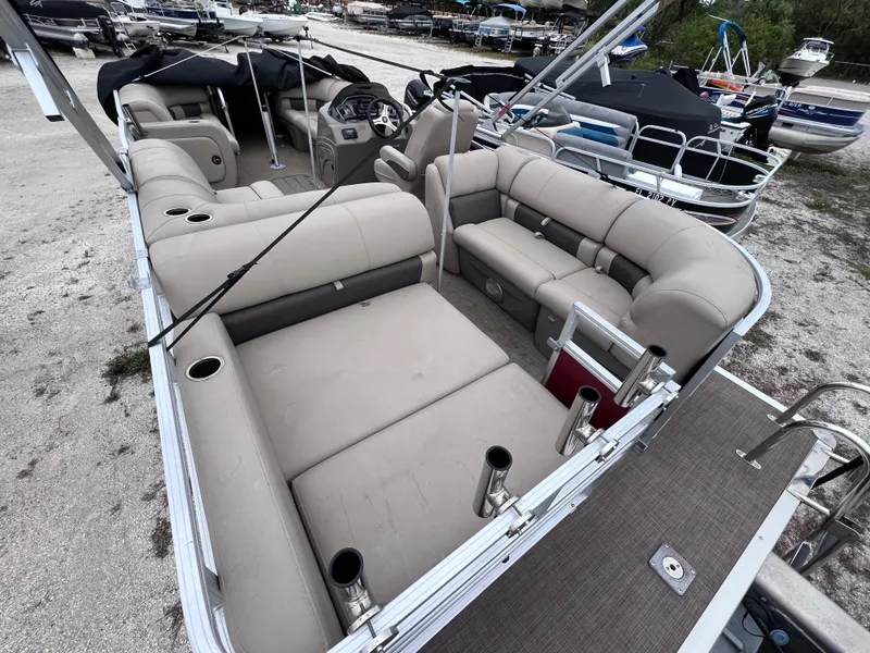 Slide: The Image of 2022 Sun Tracker Party Barge 22 RF XP3 pontoon boat with spacious seating and cup holders. - 6