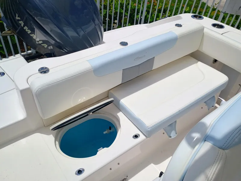 Slide: The Image of 2025 Robalo R202 Explorer boat interior with seating and Yamaha engine. - 16