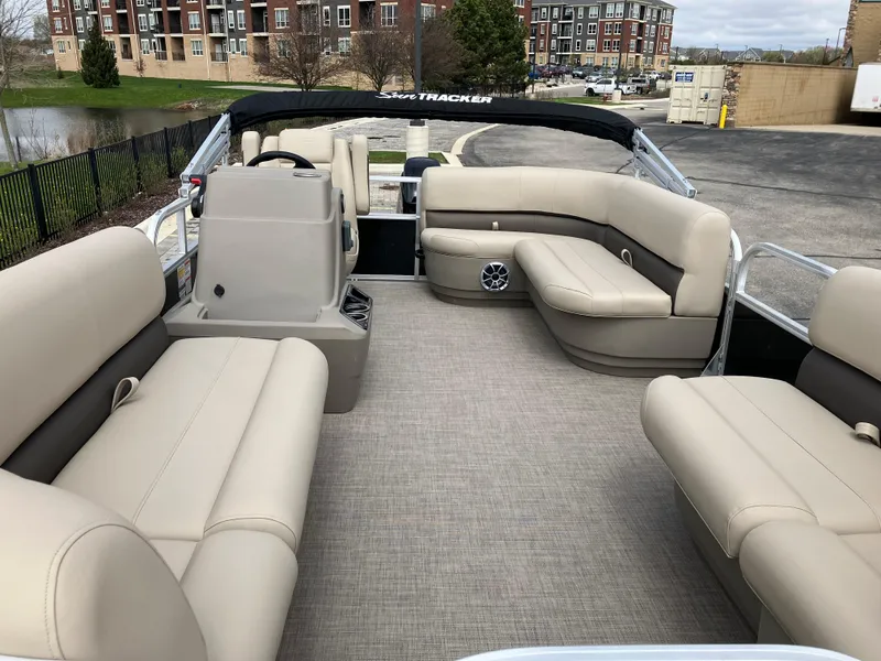 Slide: The Image of 2025 Sun Tracker Party Barge 16 DLX with spacious seating and modern design. - 4