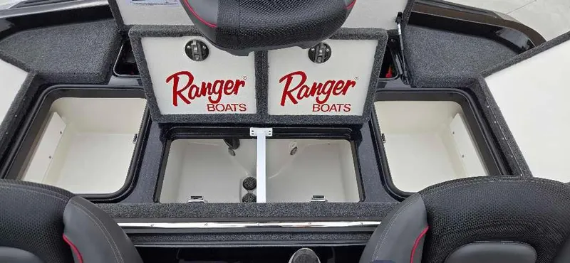 Slide: The Image of 2025 Ranger Z518 boat storage compartments with Ranger Boats branding. - 3