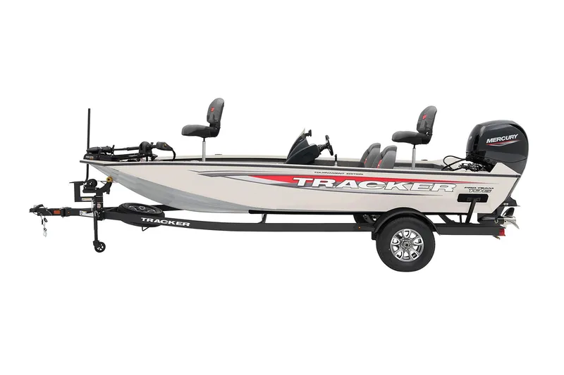 The Image of 2025 Tracker Pro Team 195 Tournament Edition fishing boat on trailer, side view. - 0