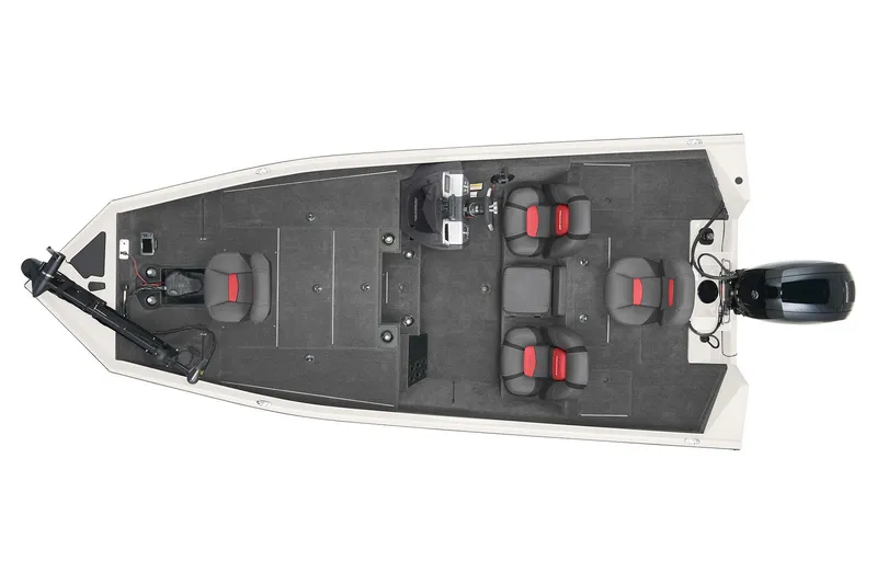 Slide: The Image of 2025 Tracker Pro Team 195 Tournament Edition boat, top view, featuring seating and motor. - 2