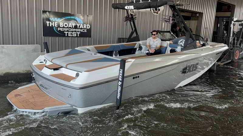 Slide: The Image of 2021 Axis A24 boat undergoing performance test at The Boat Yard facility. - 3