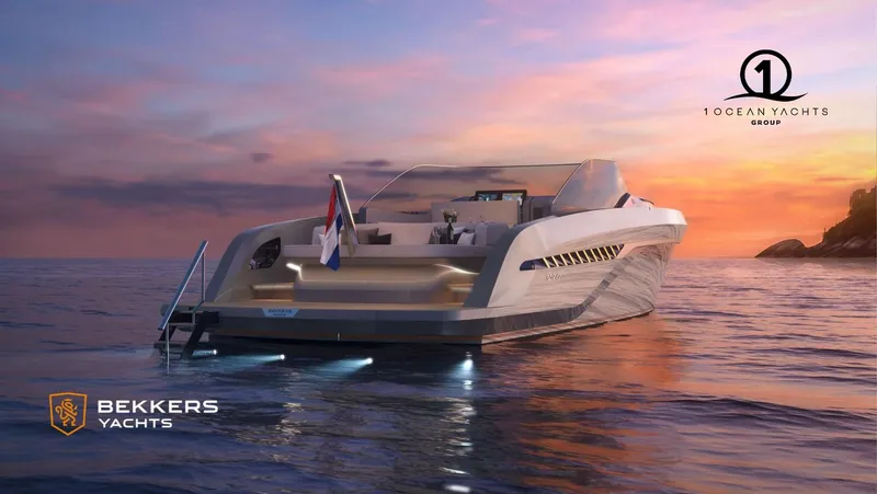 Slide: The Image of Luxury Bekkers Yachts AZUR 45SR, 2026 model, at sunset on serene ocean waters. - 1