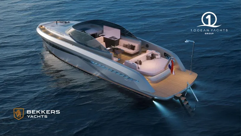 Slide: The Image of Luxury Bekkers Yachts AZUR 45SR 2026 model cruising on open water at sunset. - 2