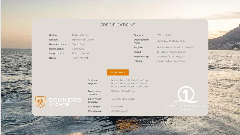 Slide: The Image of Bekkers Yachts AZUR 45SR 2026 specifications over ocean backdrop at sunset. - 5