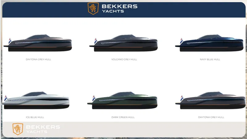 Slide: The Image of Bekkers Yachts AZUR 45SR 2026 models in various hull colors: gray, navy, blue, green. - 8