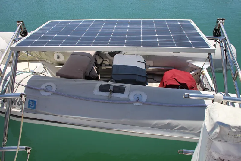 Slide: The Image of Solar panel on 1981 Endeavour 43 yacht with storage bags and equipment. - 30