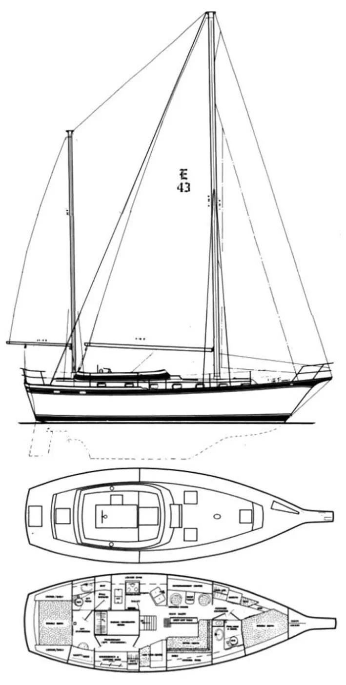 Slide: The Image of Line drawing of 1981 Endeavour 43 sailboat with deck and interior layout. - 36