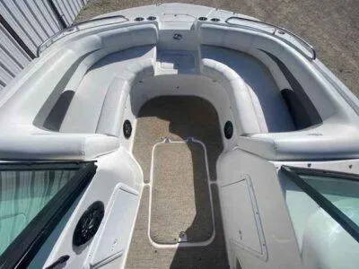 Slide: The Image of 2023 Hurricane SunDeck 187 OB boat interior with spacious seating and modern design. - 9