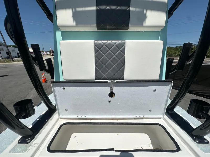 Slide: The Image of 2024 Shallow Master 270 SMC boat seat with storage compartment, featuring quilted upholstery. - 41