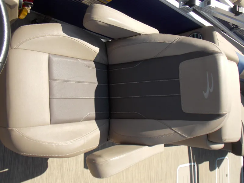 Slide: The Image of 2022 Bennington SX 23 Quad Bench seat, beige and gray upholstery, top view. - 21