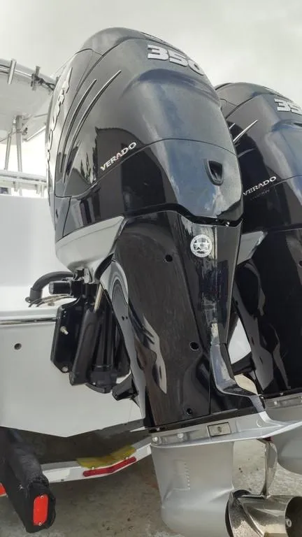 Slide: The Image of 2019 Onslow Bay 33 Tournament boat with dual Verado engines. - 39