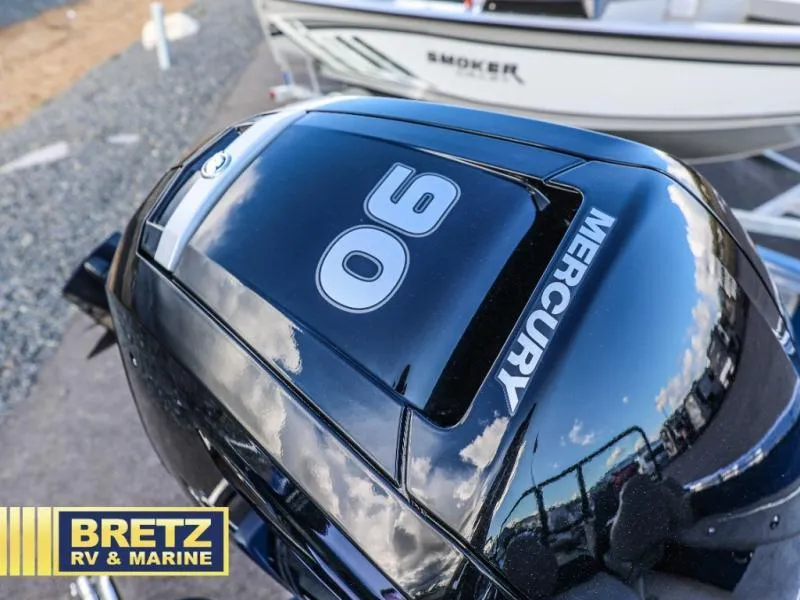 Slide: The Image of Mercury 90 outboard motor on Excursion 176 DC, 2025 model, at Bretz RV & Marine. - 7