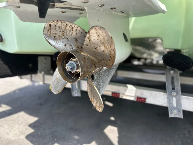 Slide: The Image of Propeller of 2023 Shallow Master 240 SMS boat on trailer, close-up view. - 5