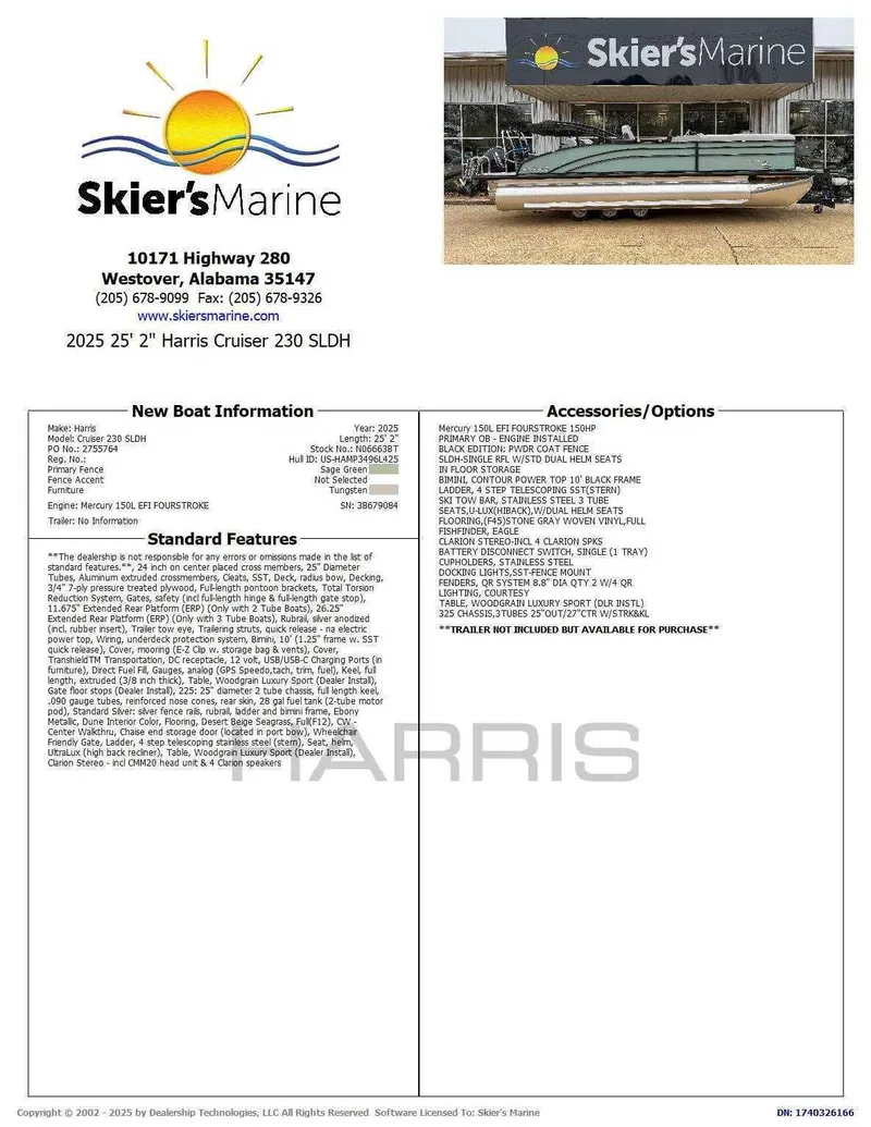 Slide: The Image of 2025 Harris Cruiser 230 SLDH boat at Skier's Marine dealership display. - 2