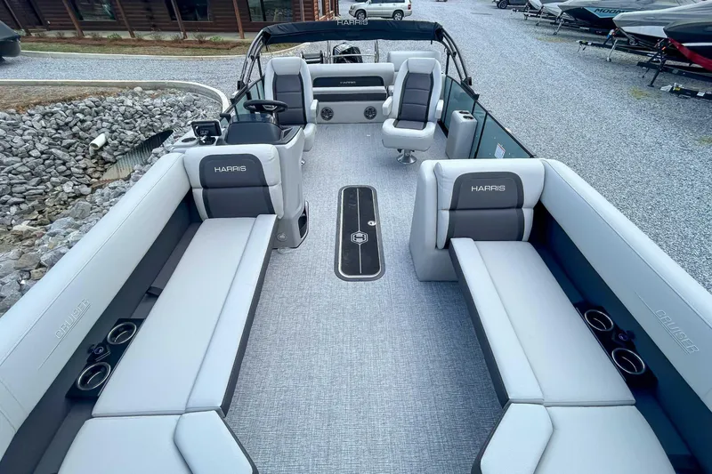Slide: The Image of 2025 Harris CRUISER 230 SLDH pontoon boat interior with spacious seating and modern design. - 14