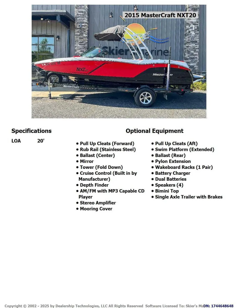 Slide: The Image of 2015 MasterCraft NXT20 boat with optional equipment and specifications listed. - 2