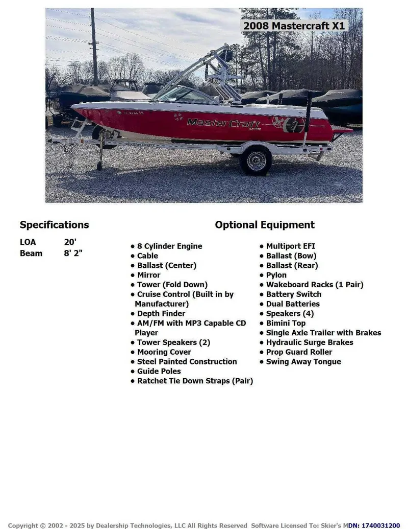 Slide: The Image of 2008 MasterCraft X1 boat with specifications and optional equipment listed. - 2