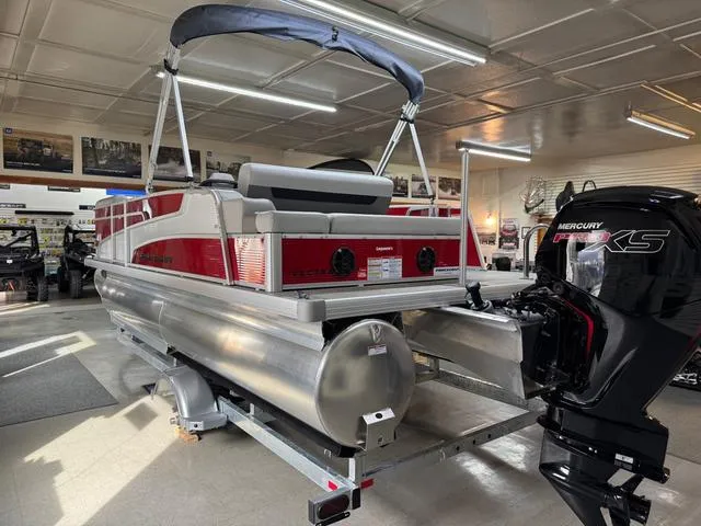 Slide: The Image of 2025 Princecraft Vectra 21 RL 115HP pontoon boat with Mercury engine in showroom. - 5