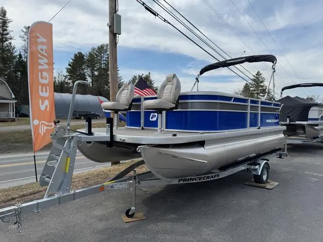 Slide: The Image of 2025 Princecraft Jazz 19-4S 60HP pontoon boat on trailer, displayed outdoors. - 5