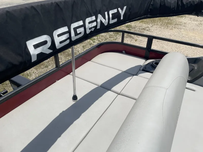 Slide: The Image of 2023 Regency 250 DL3 boat with cushioned seating and protective cover. - 16